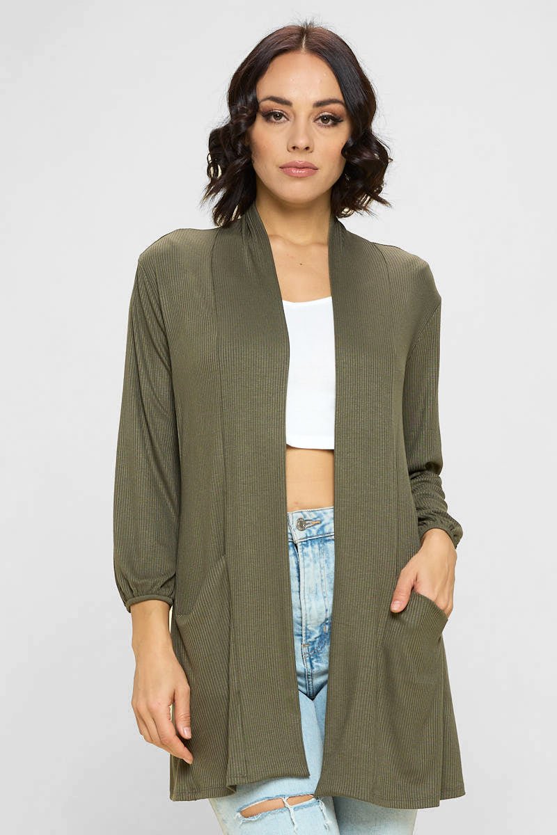 Image of West K Carly Ribbed Knit Cardigan with Pockets Olive