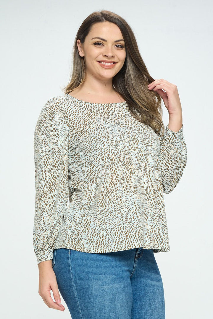 Image of West K Cassidy Plus Size Long Sleeve Printed Top Mint Brown