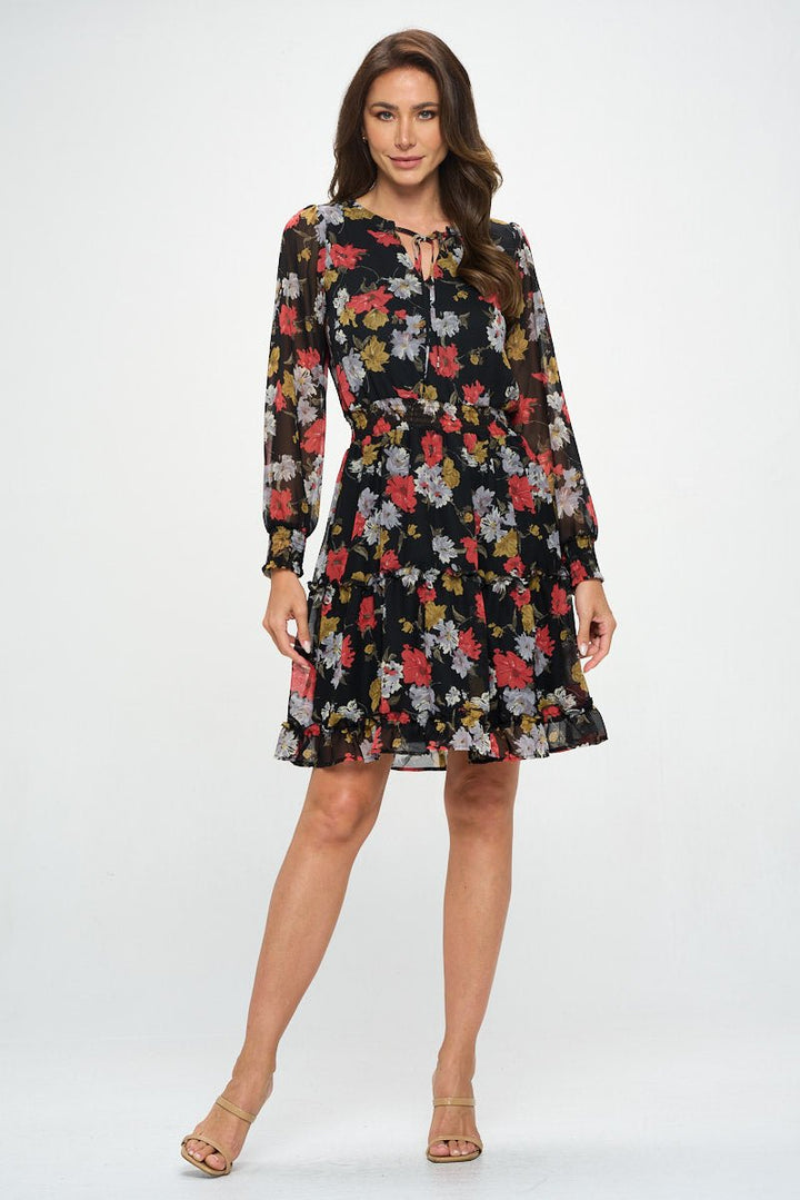 Image of West K Cataleya Smocked Long Sleeve Tiered Dress Black Red Floral Multi