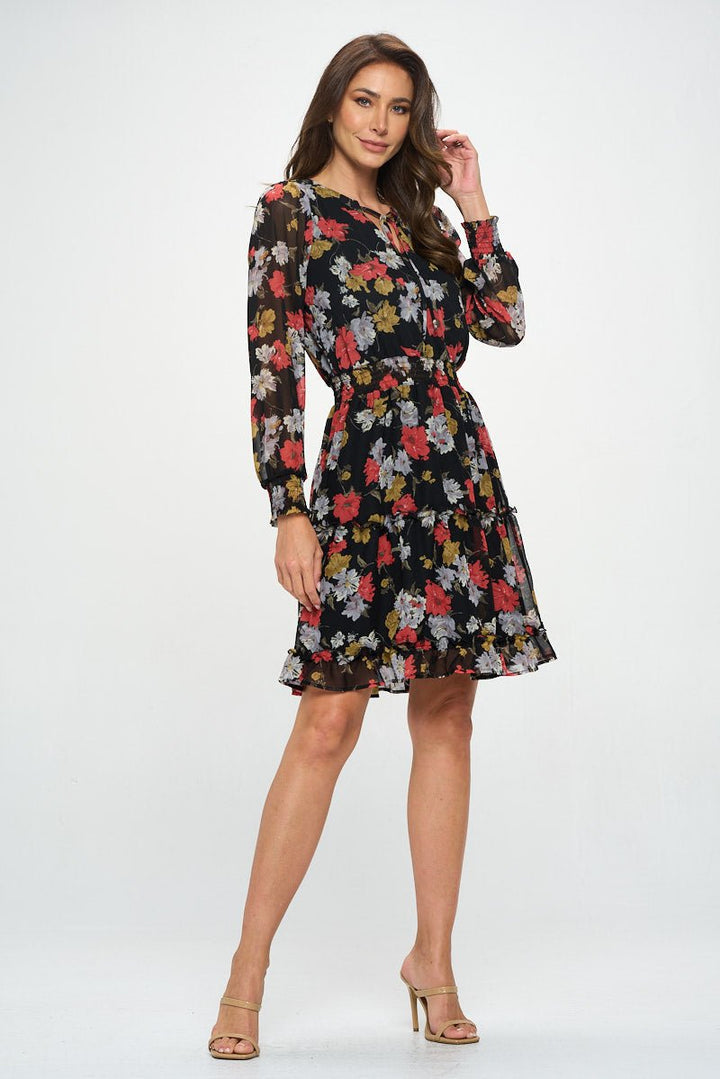 Image of West K Cataleya Smocked Long Sleeve Tiered Dress Black Red Floral Multi