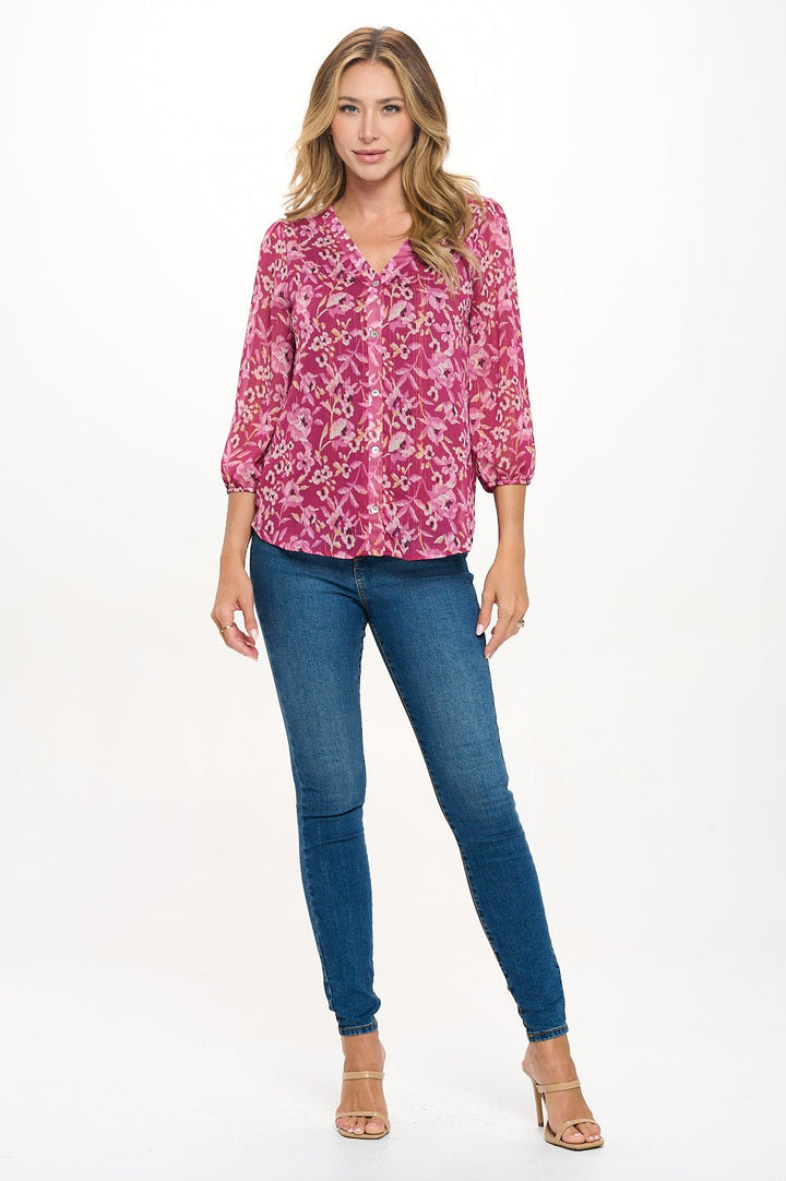 Image of West K Catalina Three Quarter Sleeve V - Neck Faux - button Front Blouse Pink Floral Lurex