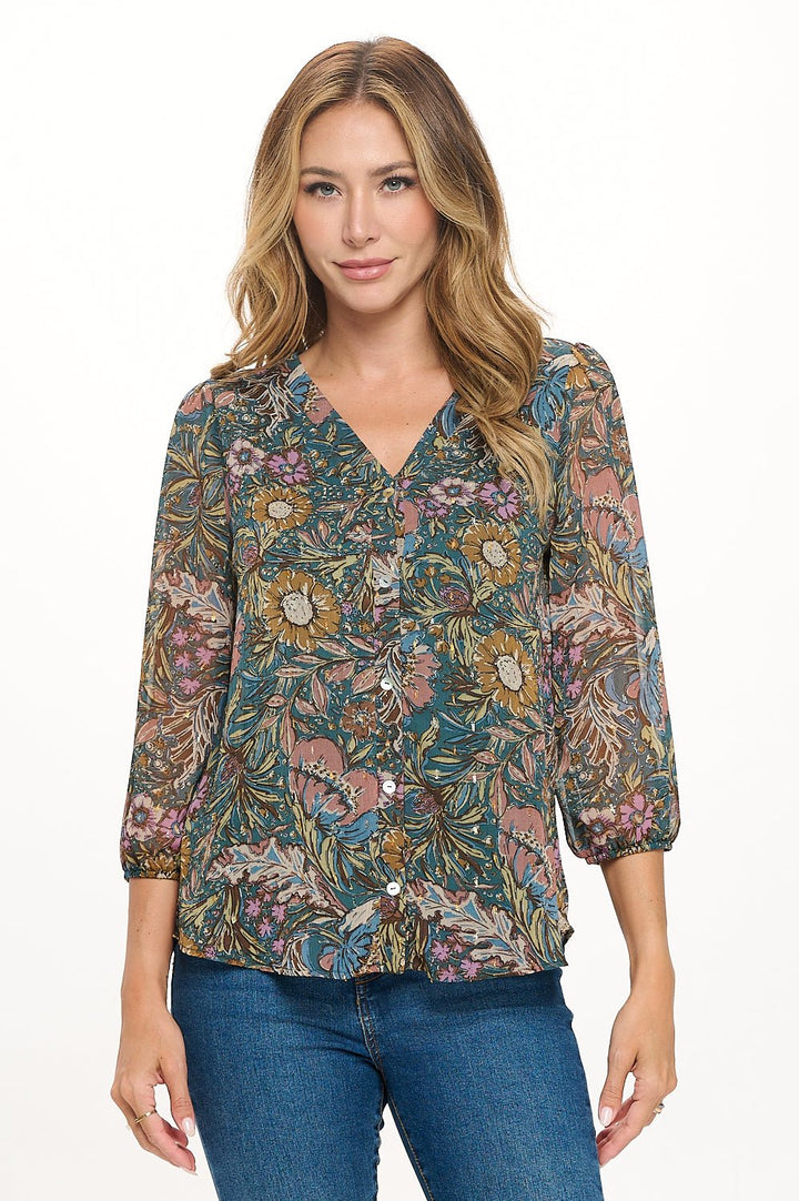 Image of West K Catalina Three Quarter Sleeve V - Neck Faux - button Front Blouse Pink Floral Lurex