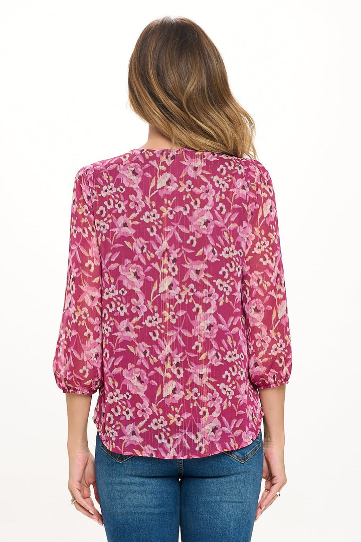 Image of West K Catalina Three Quarter Sleeve V - Neck Faux - button Front Blouse Pink Floral Lurex