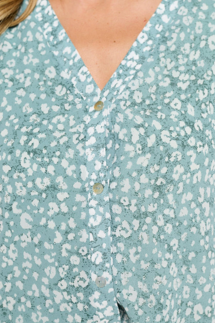 Image of West K Catalina Three Quarter Sleeve V - Neck Faux - button Front Blouse Seafoam Leopard