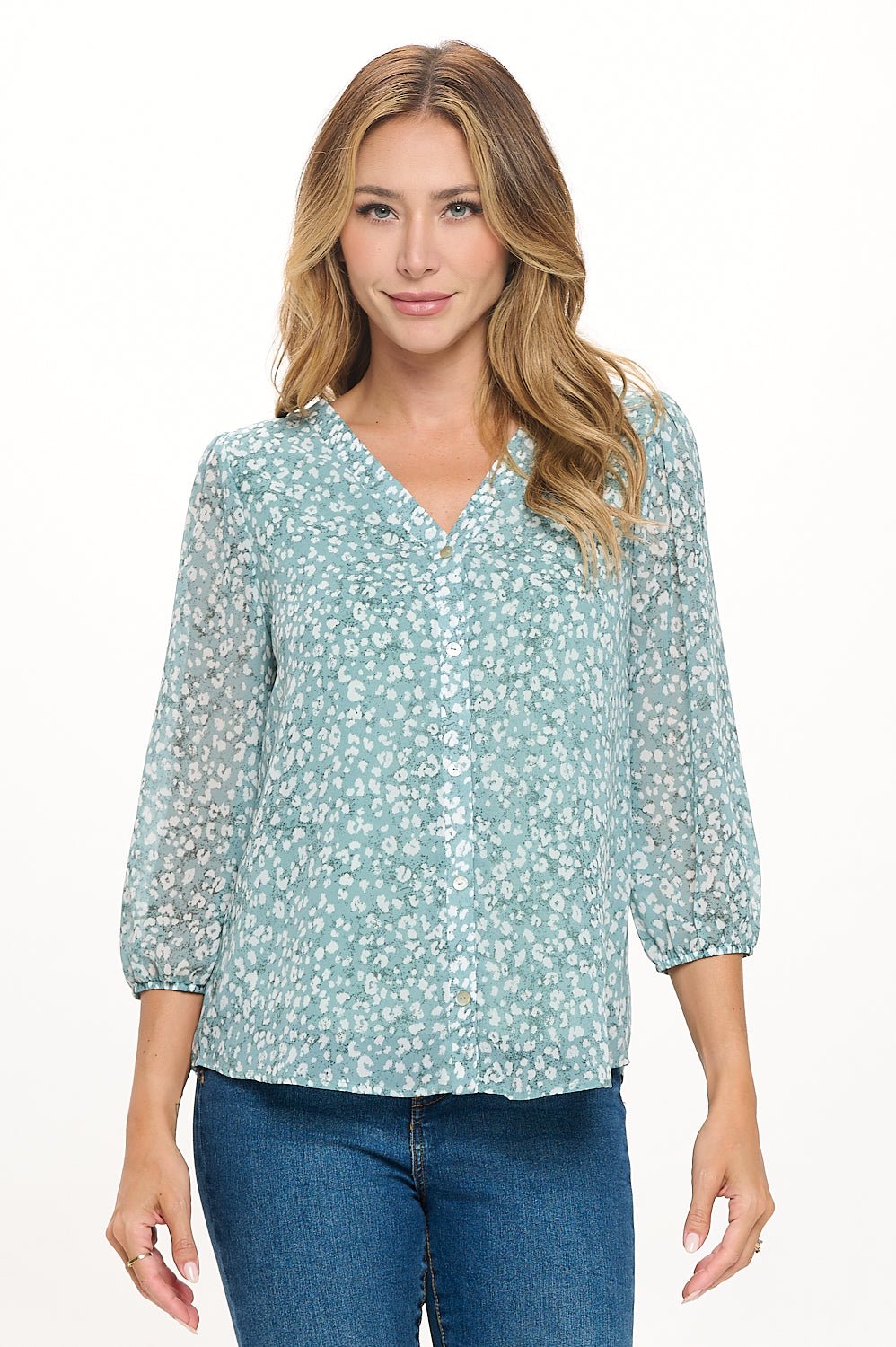 Image of West K Catalina Three Quarter Sleeve V - Neck Faux - button Front Blouse Seafoam Leopard