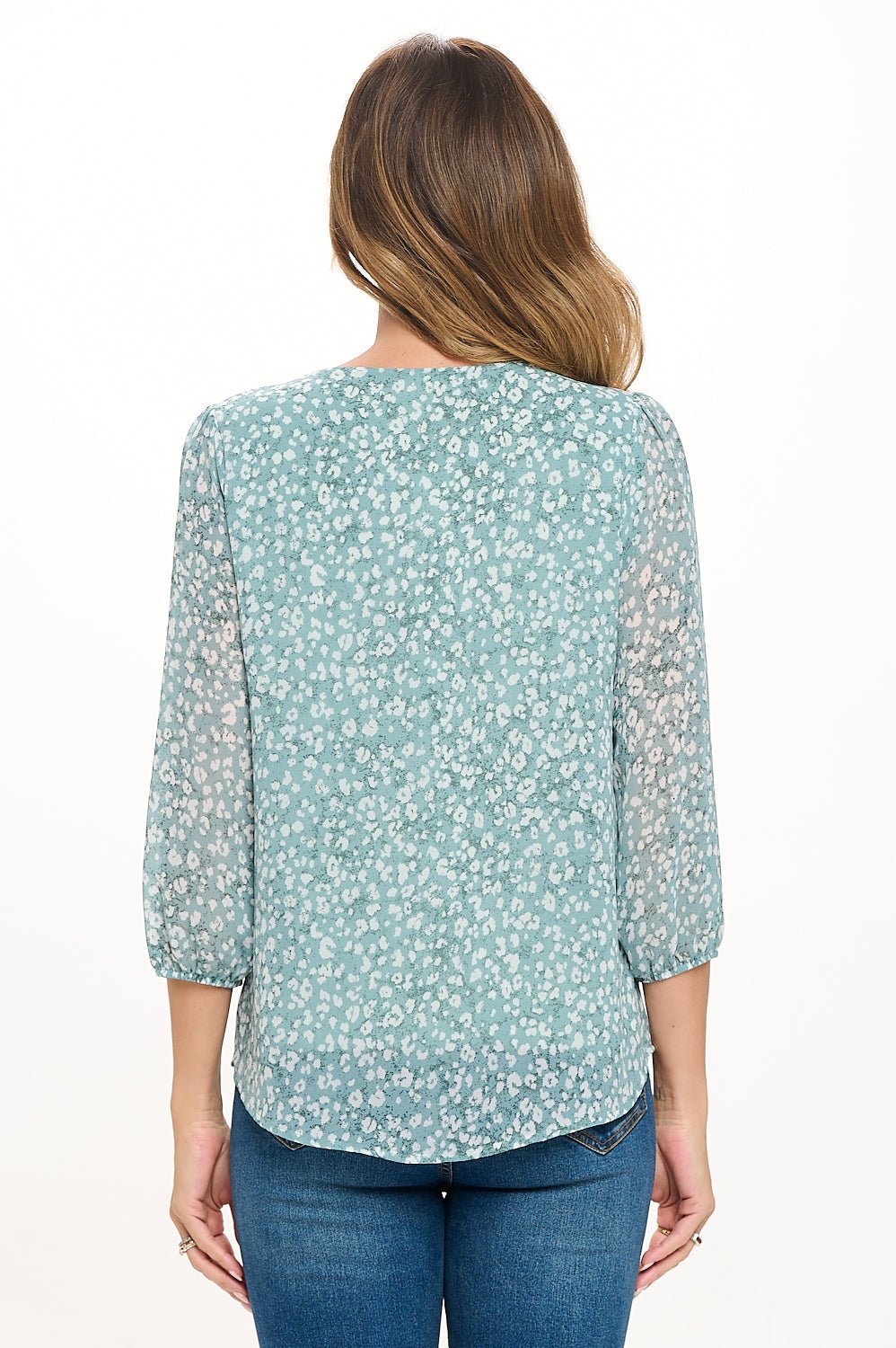 Image of West K Catalina Three Quarter Sleeve V - Neck Faux - button Front Blouse Seafoam Leopard