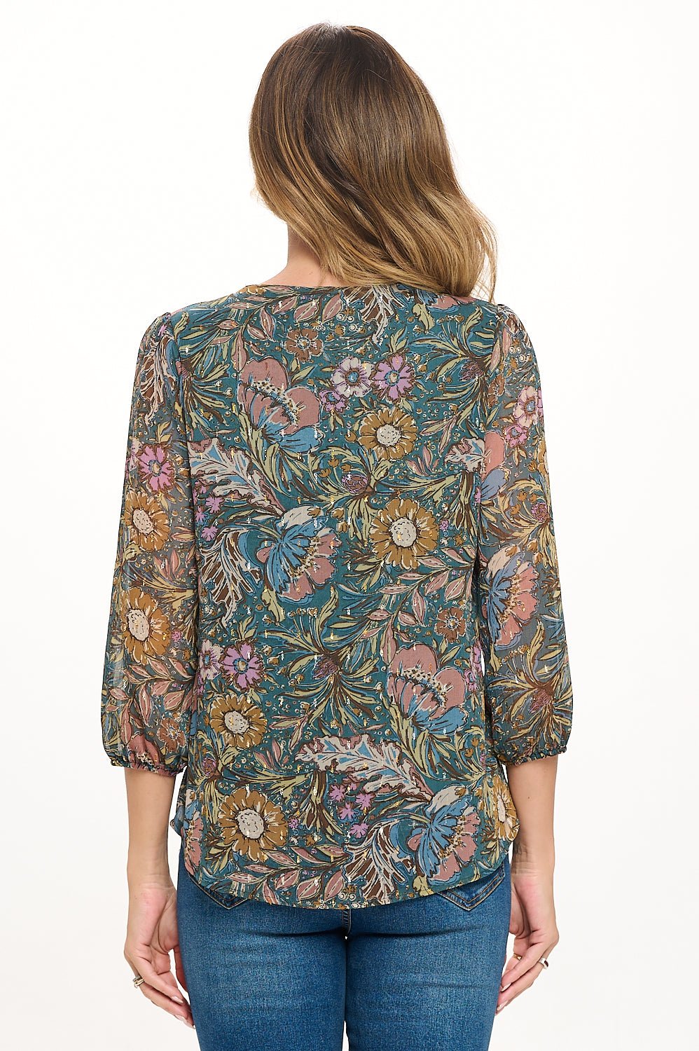 Image of West K Catalina Three Quarter Sleeve V - Neck Faux - button Front Blouse Teal Mauve Floral