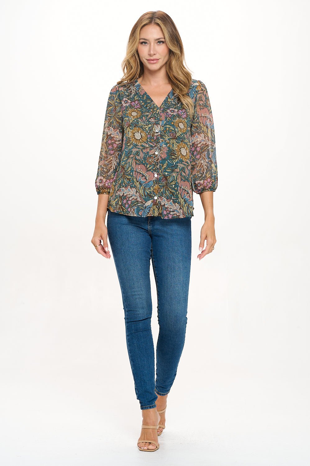 Image of West K Catalina Three Quarter Sleeve V - Neck Faux - button Front Blouse Teal Mauve Floral