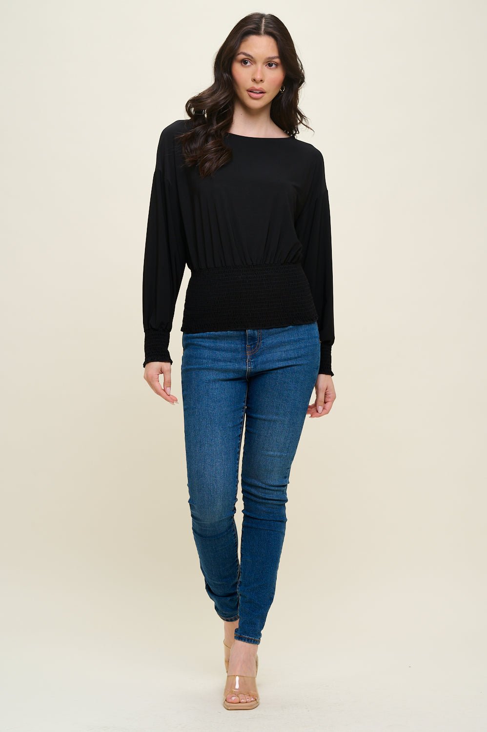 Image of West K Celine Dolman Long Sleeve Smocked Blouse Black