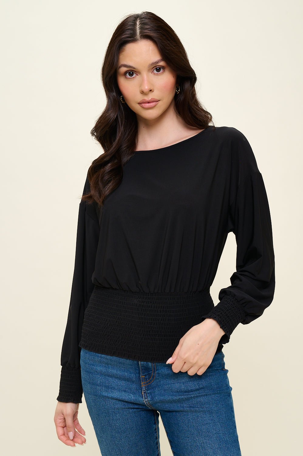 Image of West K Celine Dolman Long Sleeve Smocked Blouse Black