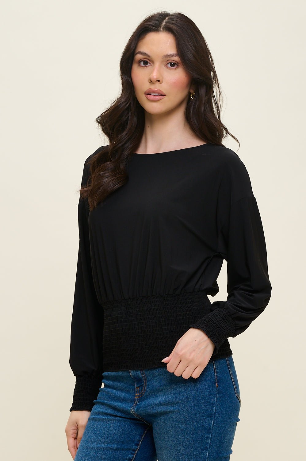 Image of West K Celine Dolman Long Sleeve Smocked Blouse Black