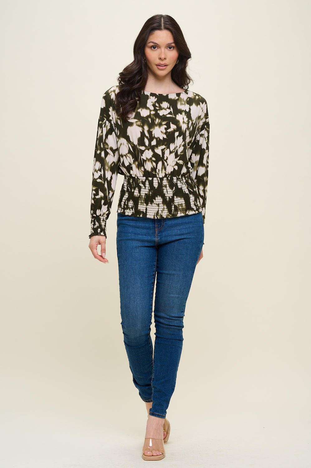 Image of West K Celine Dolman Long Sleeve Smocked Blouse Olive Tan Floral