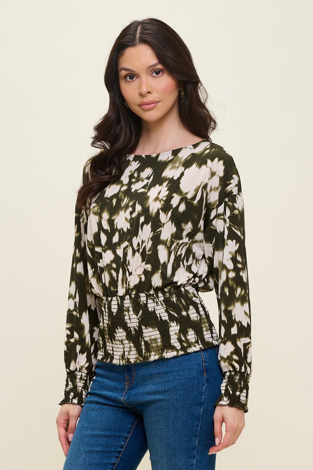 Image of West K Celine Dolman Long Sleeve Smocked Blouse Olive Tan Floral