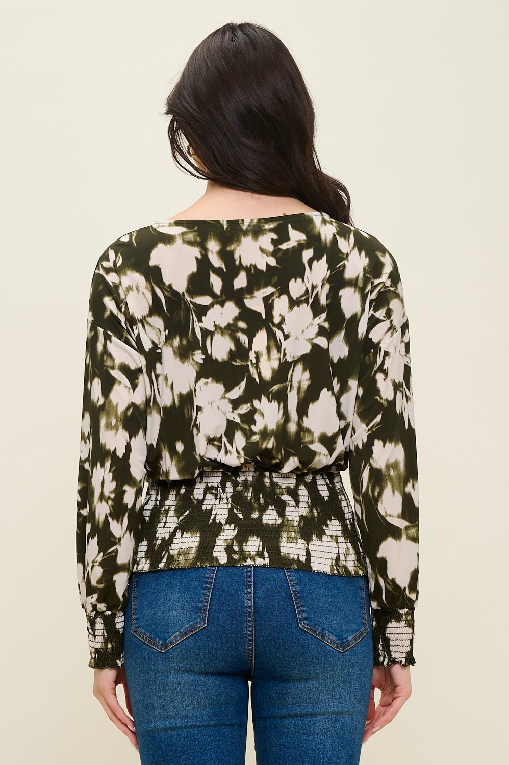 Image of West K Celine Dolman Long Sleeve Smocked Blouse Olive Tan Floral