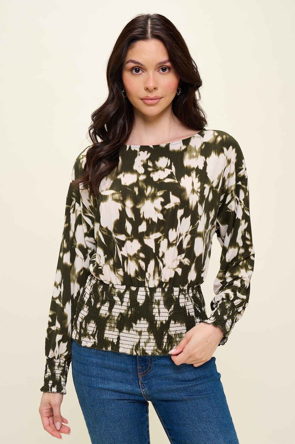 Image of West K Celine Dolman Long Sleeve Smocked Blouse Olive Tan Floral