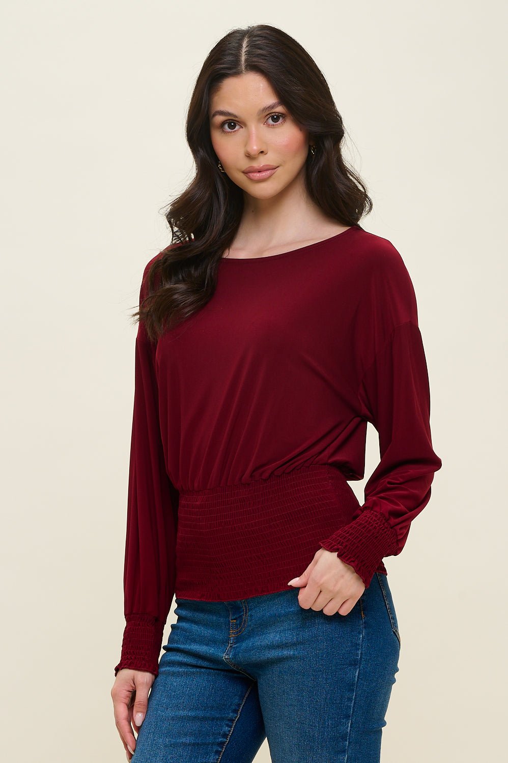 Image of West K Celine Dolman Long Sleeve Smocked Blouse Wine