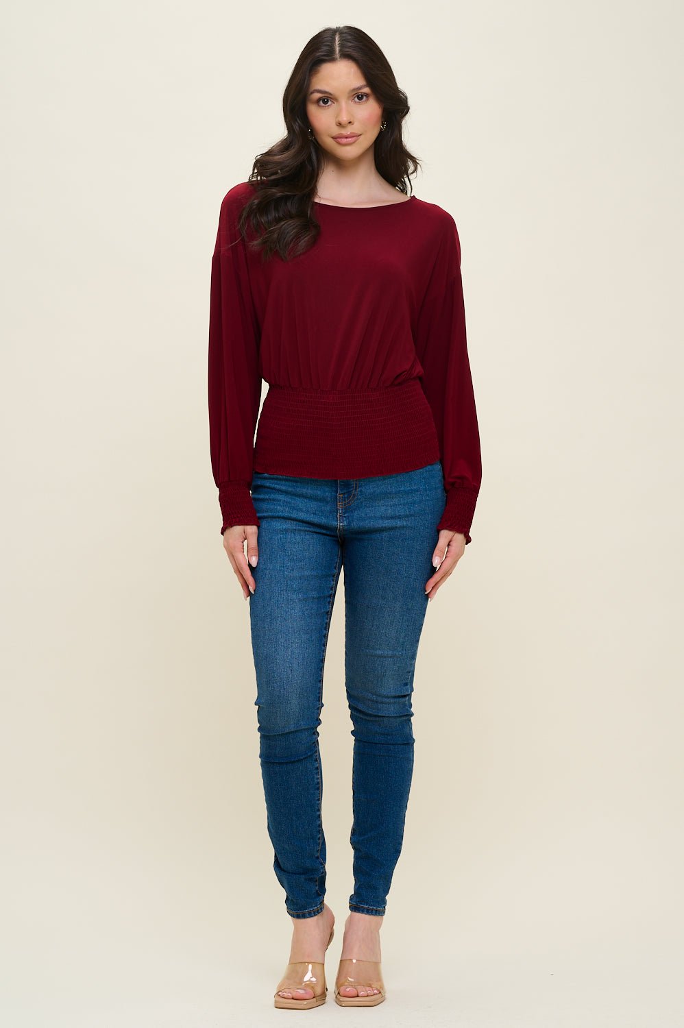 Image of West K Celine Dolman Long Sleeve Smocked Blouse Wine