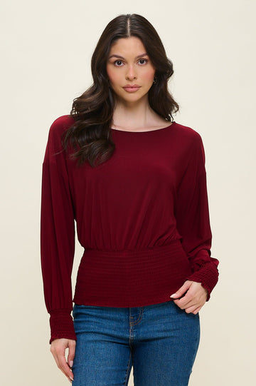 Image of West K Celine Dolman Long Sleeve Smocked Blouse Wine