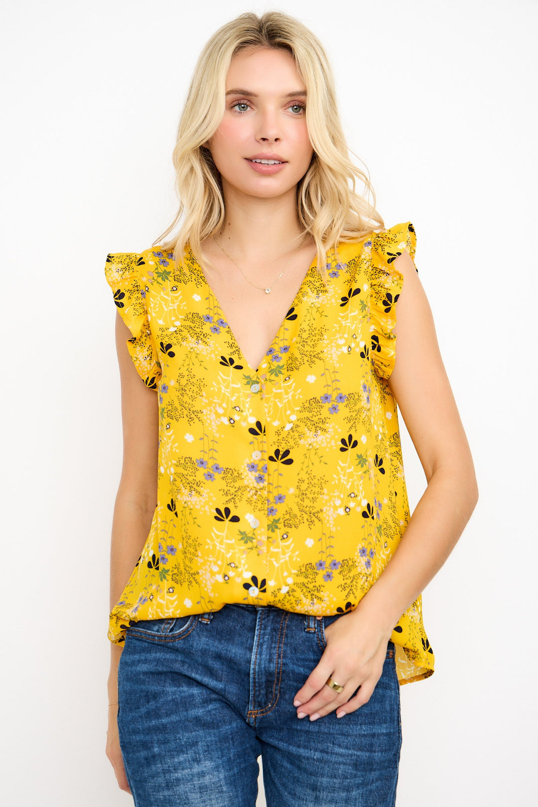 Image of West K Cherie Ruffle Sleeve Blouse Yellow Floral