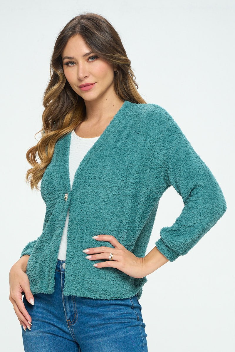 Image of West K Clara Furry One Button Short Cardigan Emerald Green