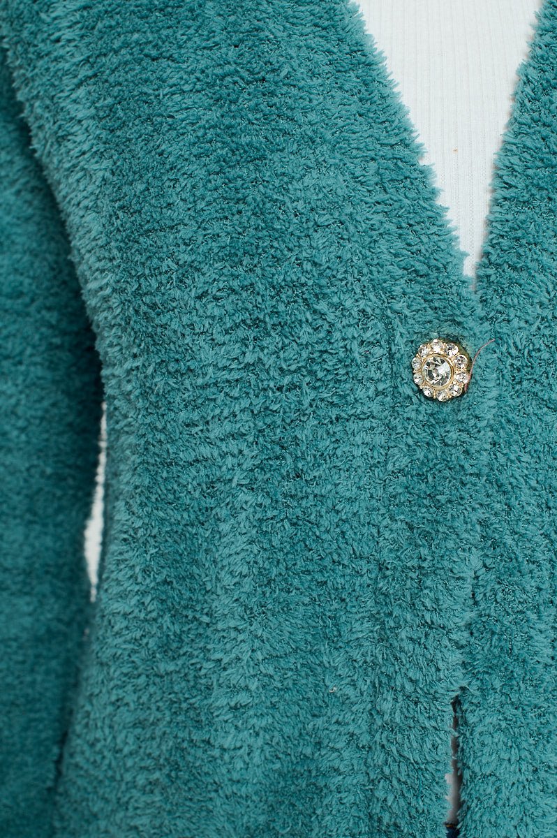 Image of West K Clara Furry One Button Short Cardigan Emerald Green