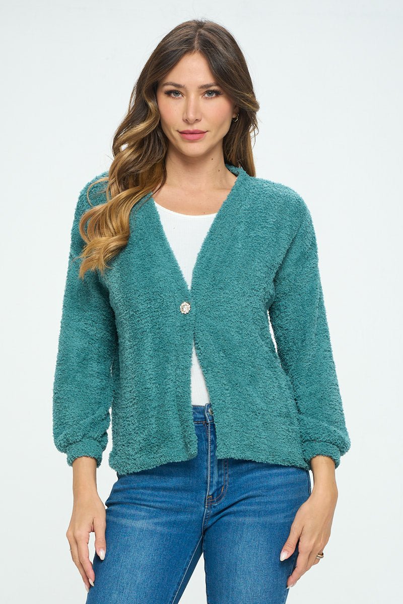 Image of West K Clara Furry One Button Short Cardigan Emerald Green