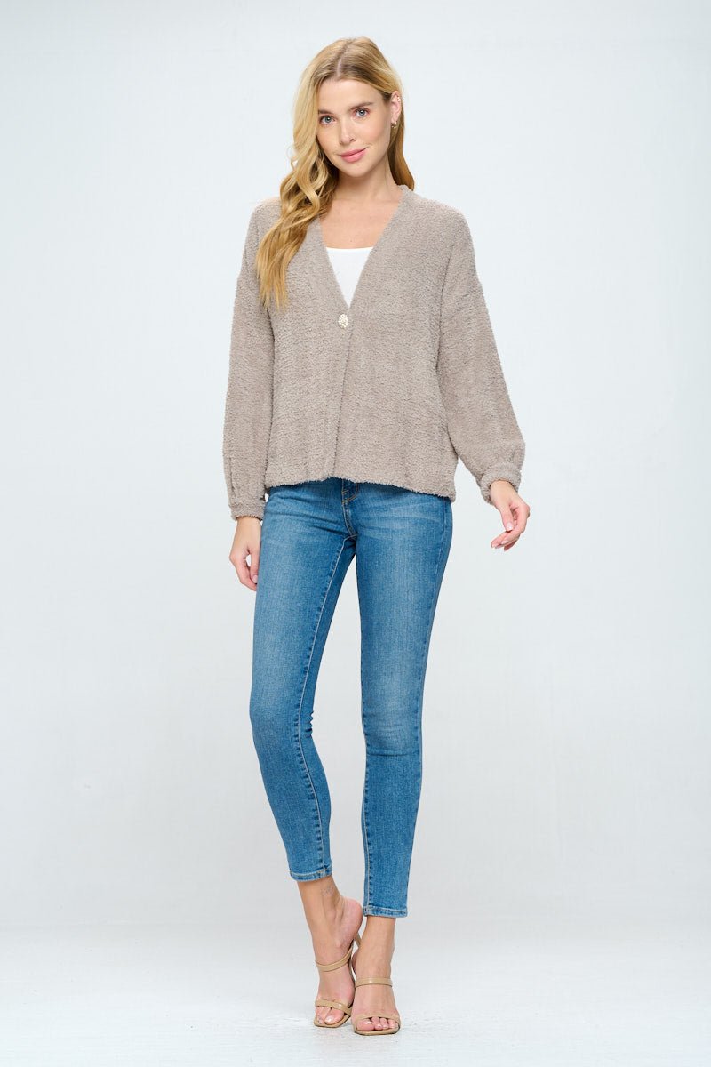 Image of West K Clara Furry One Button Short Cardigan Taupe