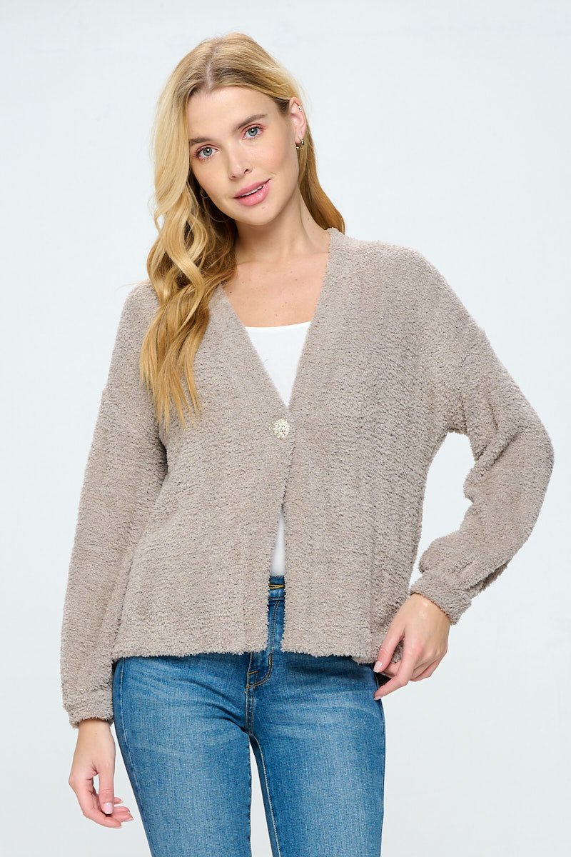 Image of West K Clara Furry One Button Short Cardigan Taupe