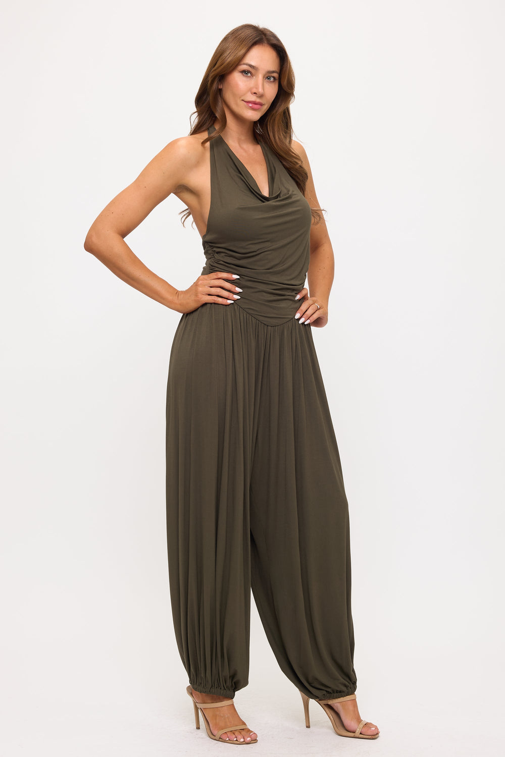 Image of West K Cowl Neck Halter Jumpsuit Olive