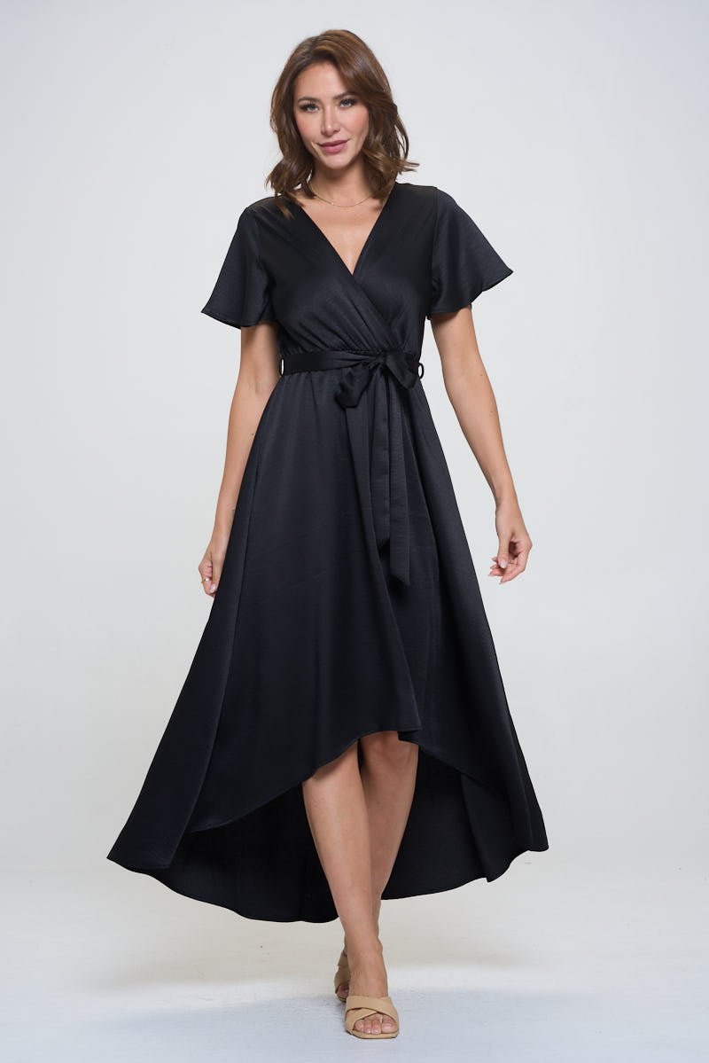 Image of West K Crinkled Satin Georgia Faux Wrap Dress with Hi - Low Hem and Tie Waist Black Satin