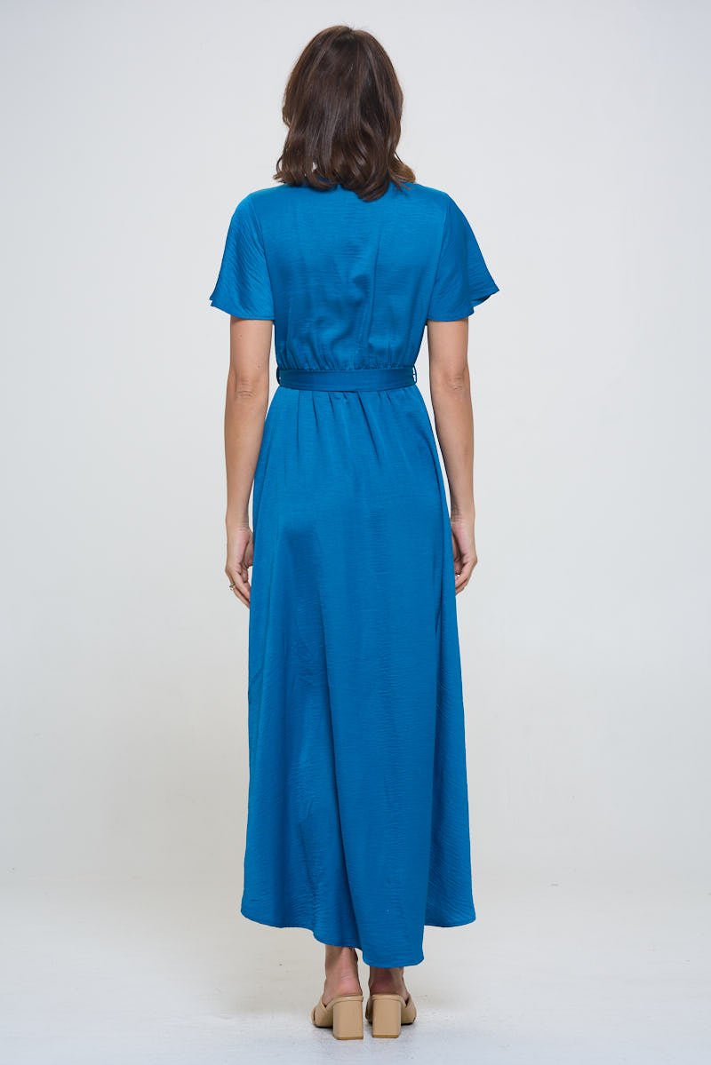 Image of West K Crinkled Satin Georgia Faux Wrap Dress with Hi - Low Hem and Tie Waist Blue Teal Satin