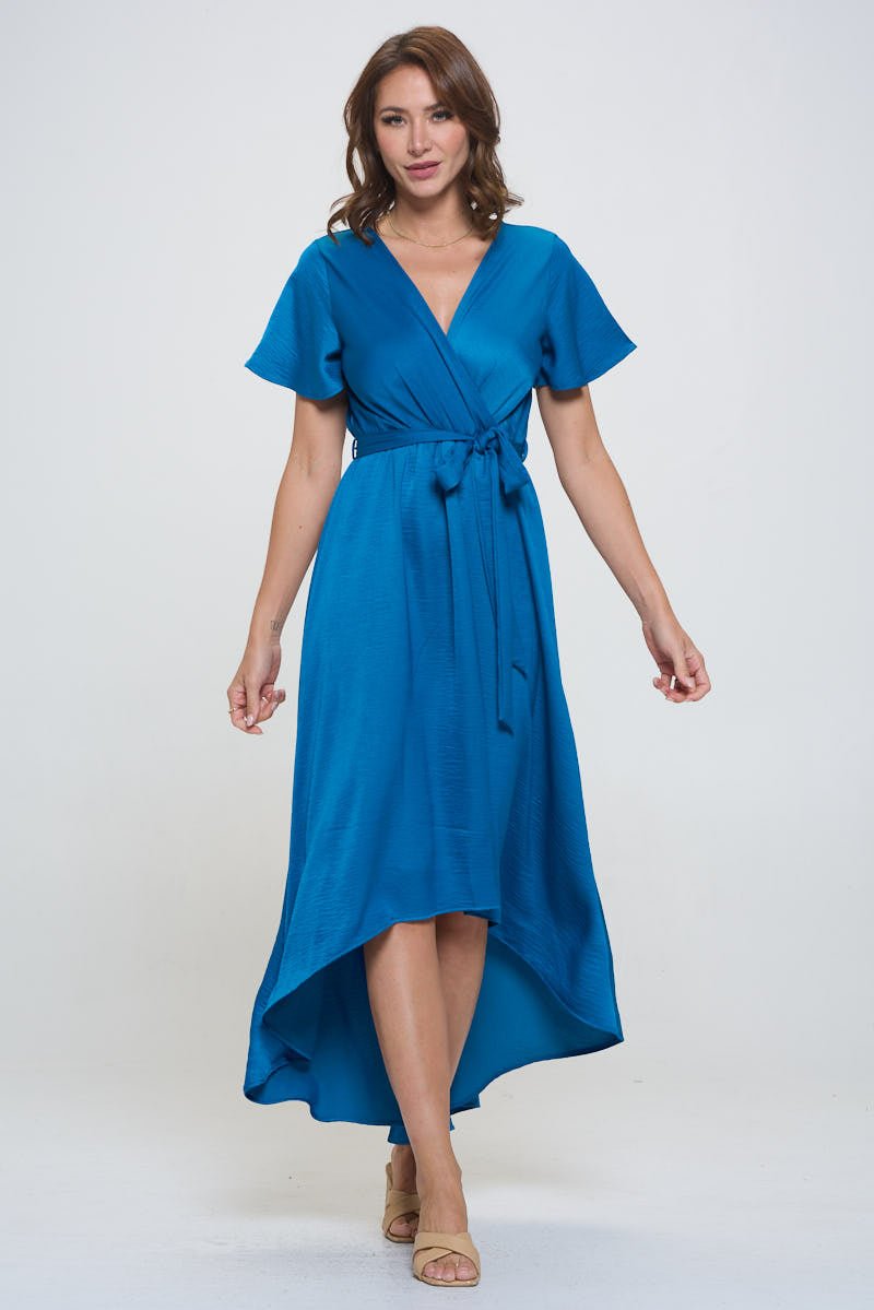 Image of West K Crinkled Satin Georgia Faux Wrap Dress with Hi - Low Hem and Tie Waist Blue Teal Satin