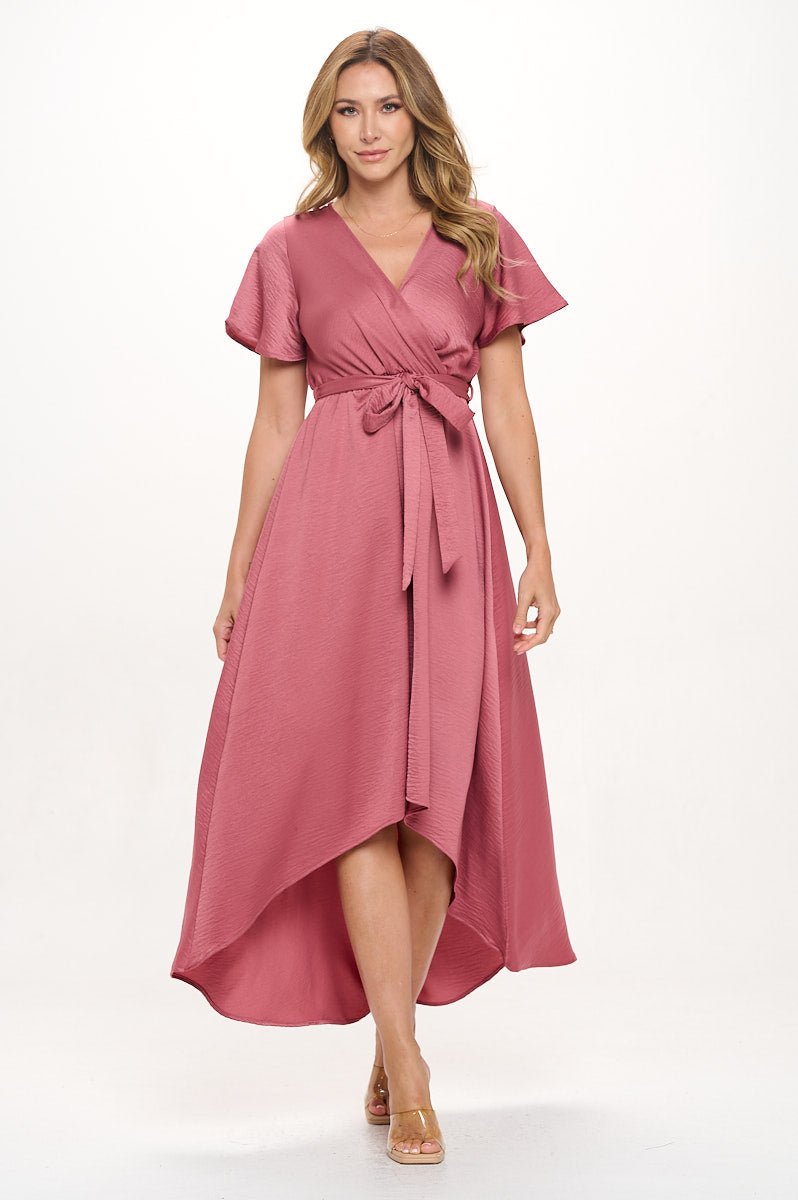 Image of West K Crinkled Satin Georgia Faux Wrap Dress with Hi - Low Hem and Tie Waist Mulberry