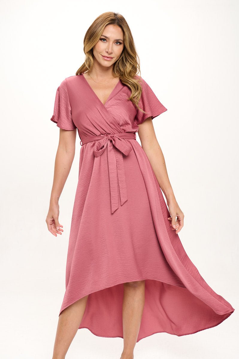 Image of West K Crinkled Satin Georgia Faux Wrap Dress with Hi - Low Hem and Tie Waist Mulberry