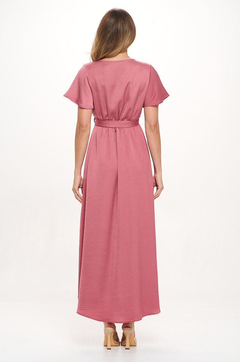 Image of West K Crinkled Satin Georgia Faux Wrap Dress with Hi - Low Hem and Tie Waist Mulberry