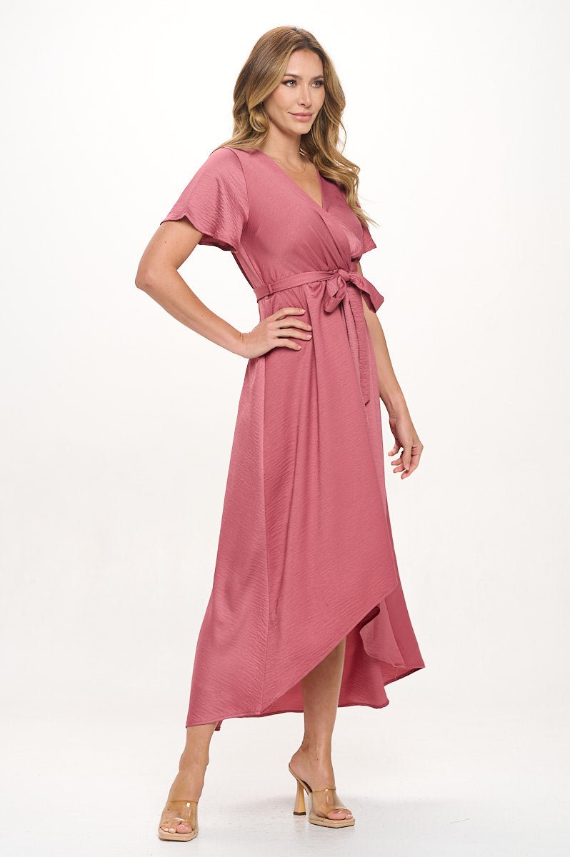 Image of West K Crinkled Satin Georgia Faux Wrap Dress with Hi - Low Hem and Tie Waist Mulberry