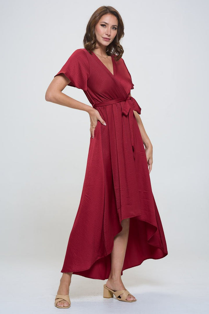 Image of West K Crinkled Satin Georgia Faux Wrap Dress with Hi - Low Hem and Tie Waist Wine Satin