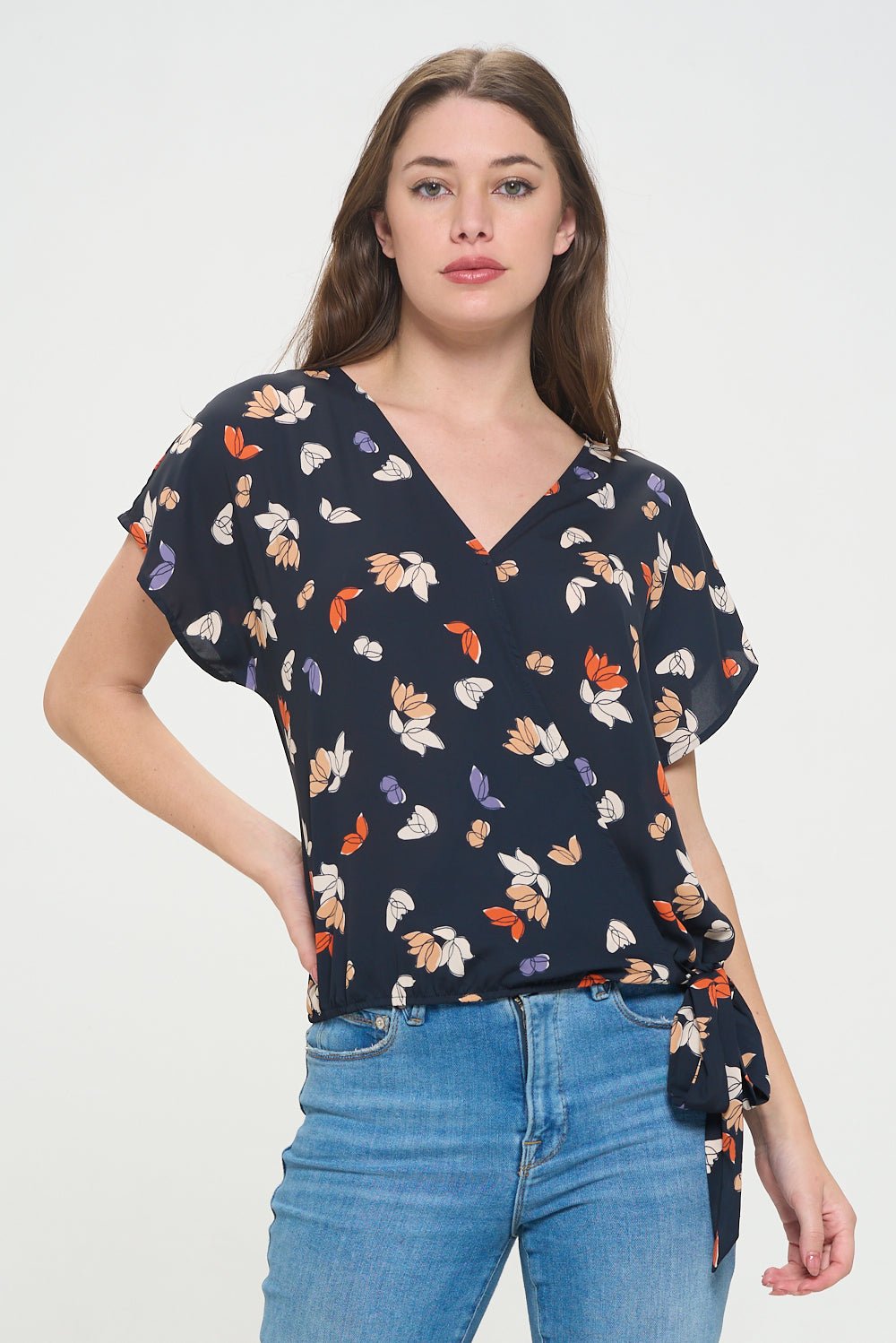 Image of West K Dallas Side - Tie Dolman Sleeve Top Navy Orange Floral