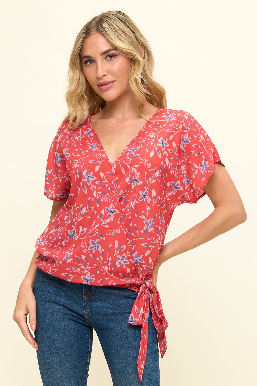 Image of West K Dallas Side - Tie Dolman Sleeve Top Red Leaf