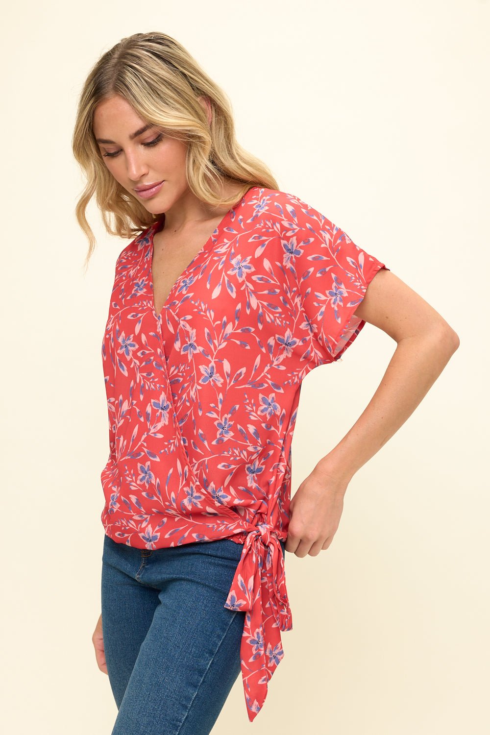 Image of West K Dallas Side - Tie Dolman Sleeve Top Red Leaf
