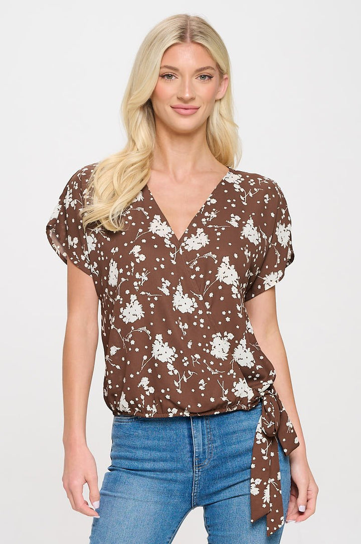 Image of West K Dallas Side - Tie Short Dolman Sleeve Faux Wrap Top Brown White Floral