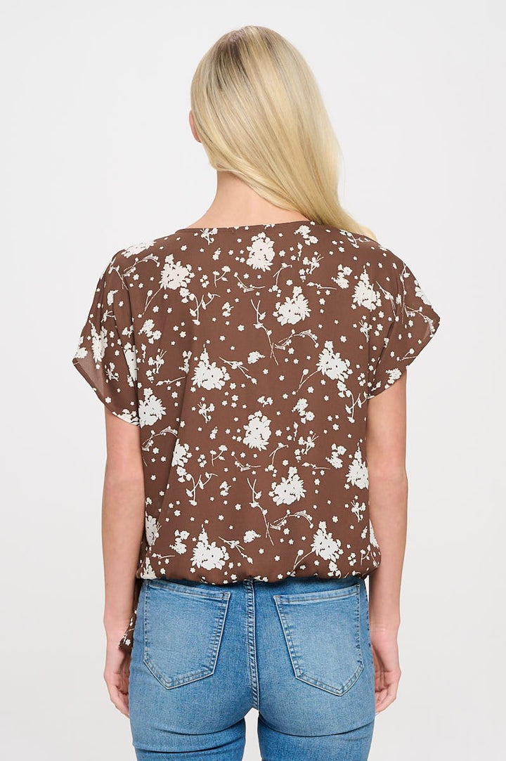 Image of West K Dallas Side - Tie Short Dolman Sleeve Faux Wrap Top Brown White Floral