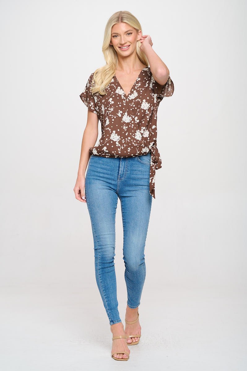 Image of West K Dallas Side - Tie Short Dolman Sleeve Faux Wrap Top Brown White Floral