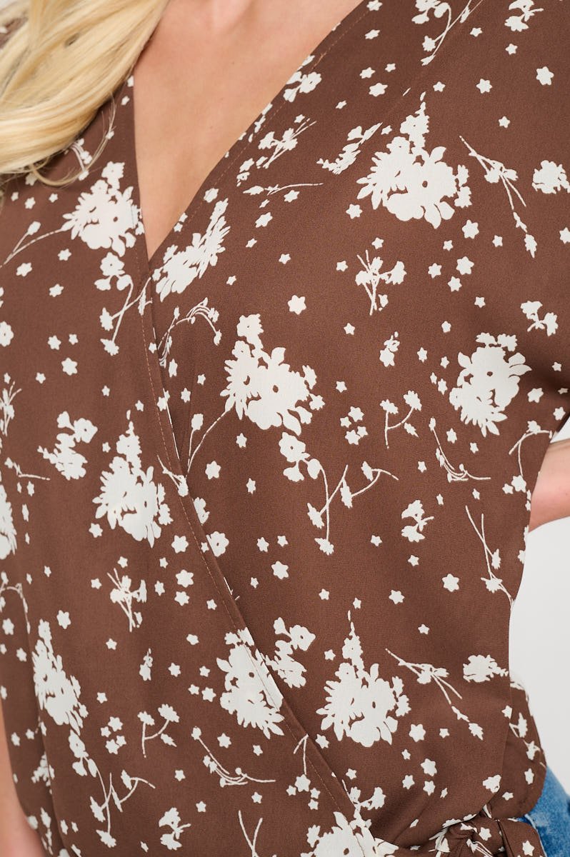 Image of West K Dallas Side - Tie Short Dolman Sleeve Faux Wrap Top Brown White Floral