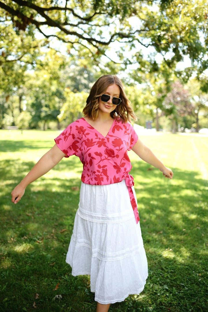 Image of West K Dallas Side - Tie Short Dolman Sleeve Faux Wrap Top Hot Pink Floral