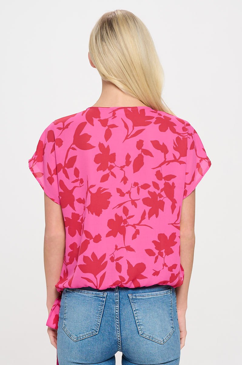 Image of West K Dallas Side - Tie Short Dolman Sleeve Faux Wrap Top Hot Pink Floral