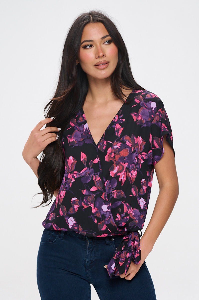 Image of West K Dallas Side - Tie Short Dolman Sleeve Faux Wrap Top Purple Floral