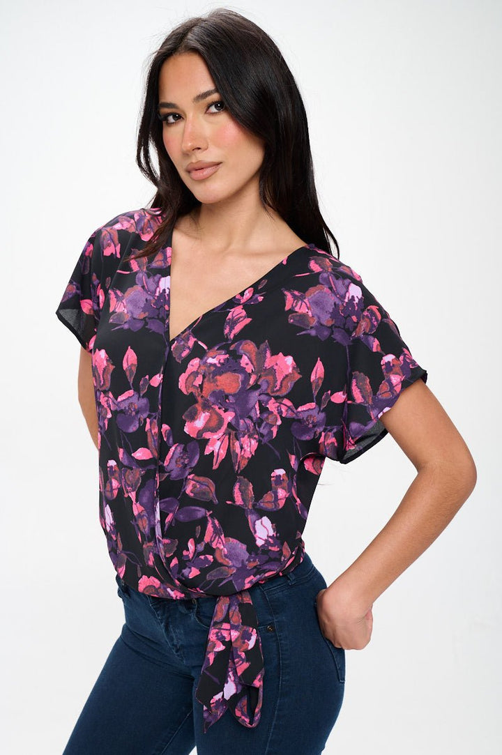 Image of West K Dallas Side - Tie Short Dolman Sleeve Faux Wrap Top Purple Floral