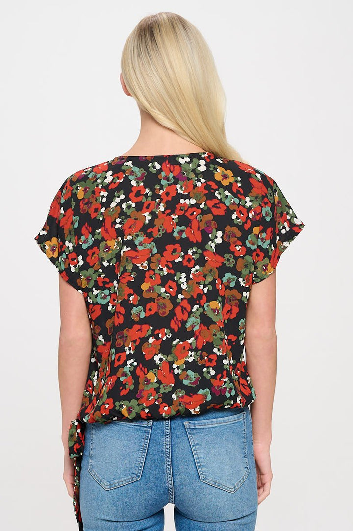 Image of West K Dallas Side - Tie Short Dolman Sleeve Faux Wrap Top Red Daisy