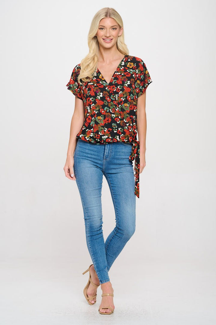 Image of West K Dallas Side - Tie Short Dolman Sleeve Faux Wrap Top Red Daisy